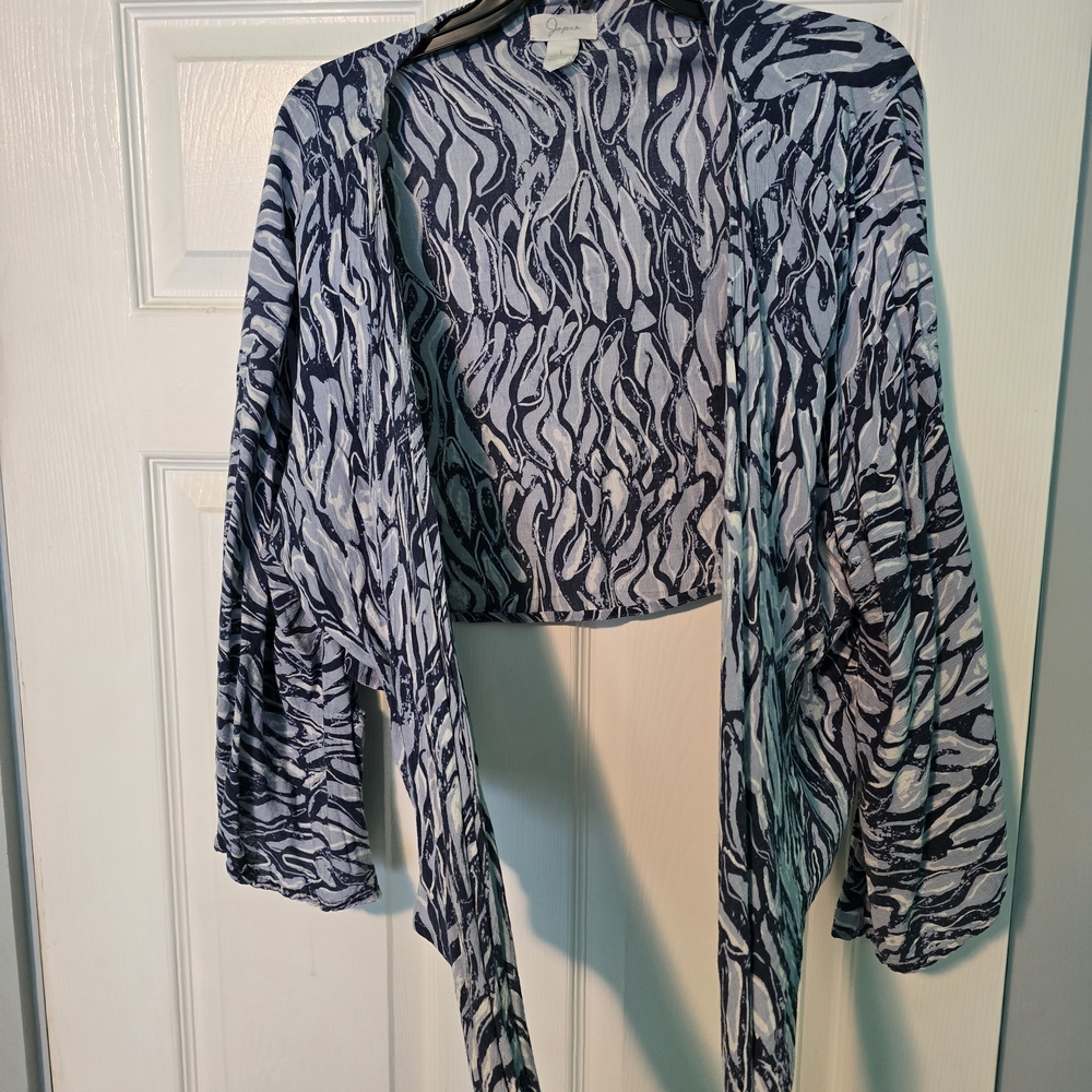 Lightweight Open Tie Front Printed Kimono Cardigan - Blue & White